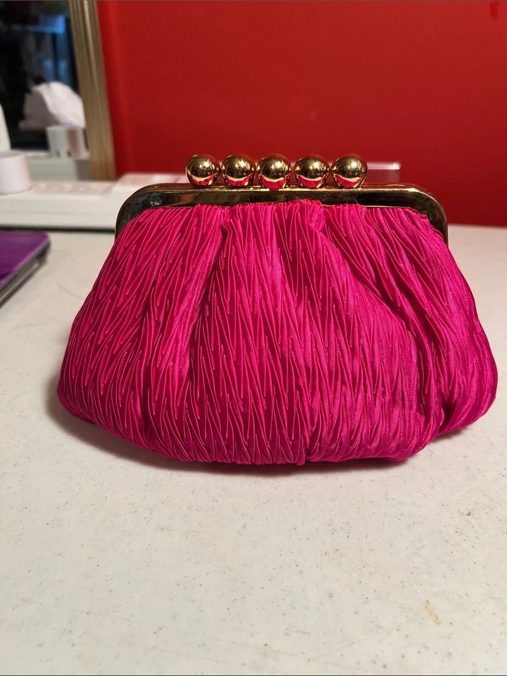 Hot Pink Pleated Clasp Evening Clutch